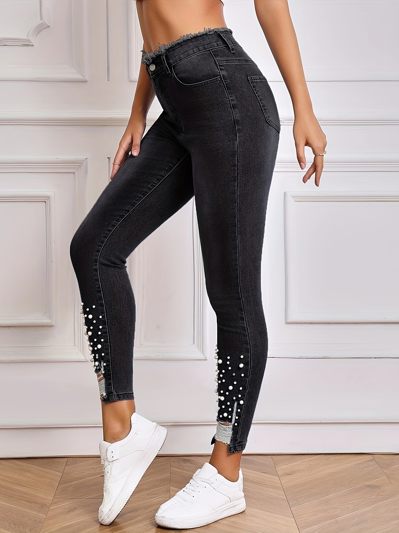 Trim Waist Skinny Jeans Faux Pearl Decor Slim Fit High - Temu