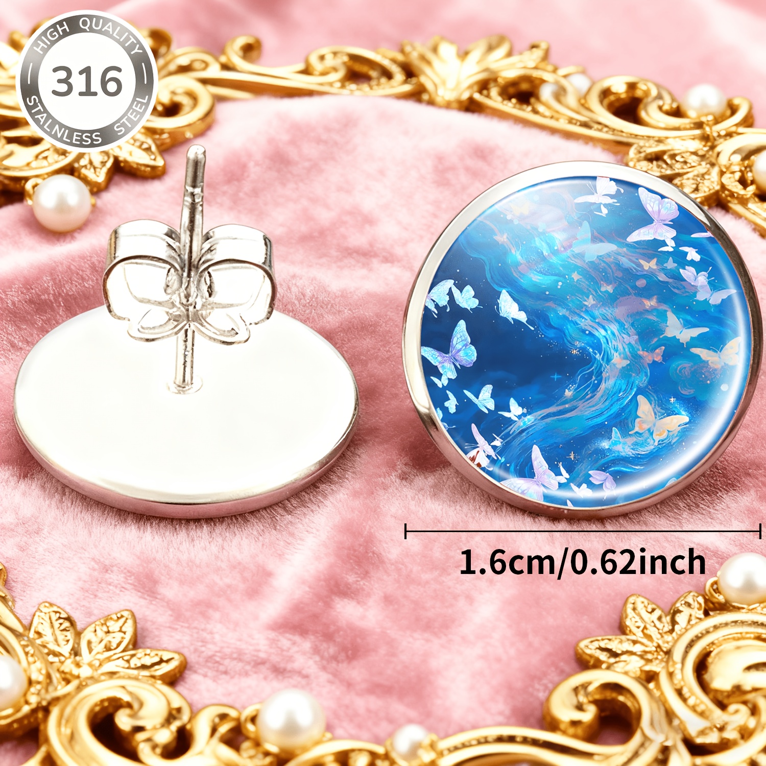 2pcs 316 Stainless Steel Round Studs with Nebula Butterfly Design