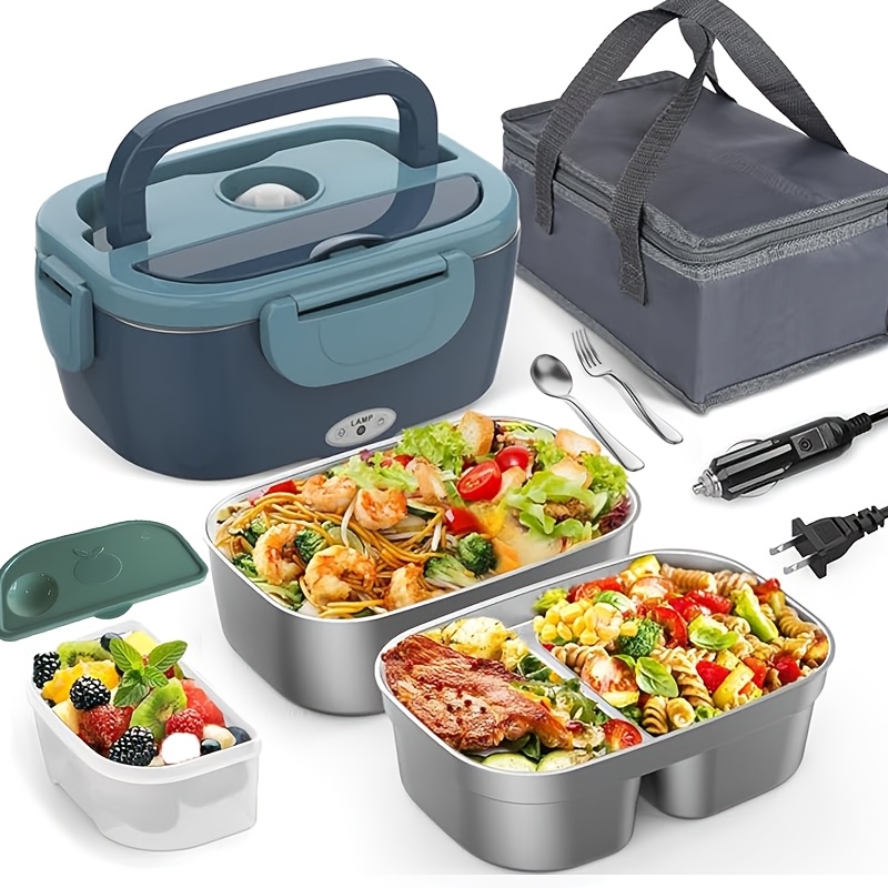 50.72oz Electric Lunch Box& Food Warmer- Portable Stainless Steel Heated Meal Container with Fast Heating, 110V/12V/24V Car Power, Dishwasher, Leak-Proof Bag& Fork for Truck Drivers, Office, Camping, College, Travel(Car& Home