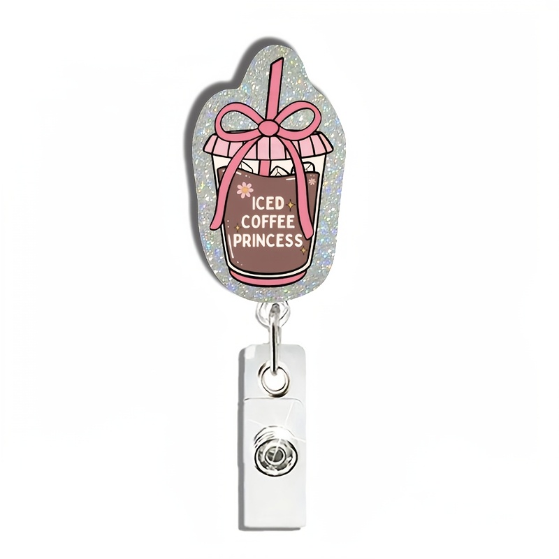 

1pc Silvery Glitter Acrylic Retractable Badge With Crocodile Clip - Fun Bow Iced Coffee Princess Design, Perfect Gift For , Doctors, Nurses, Teachers, Friends, Colleagues