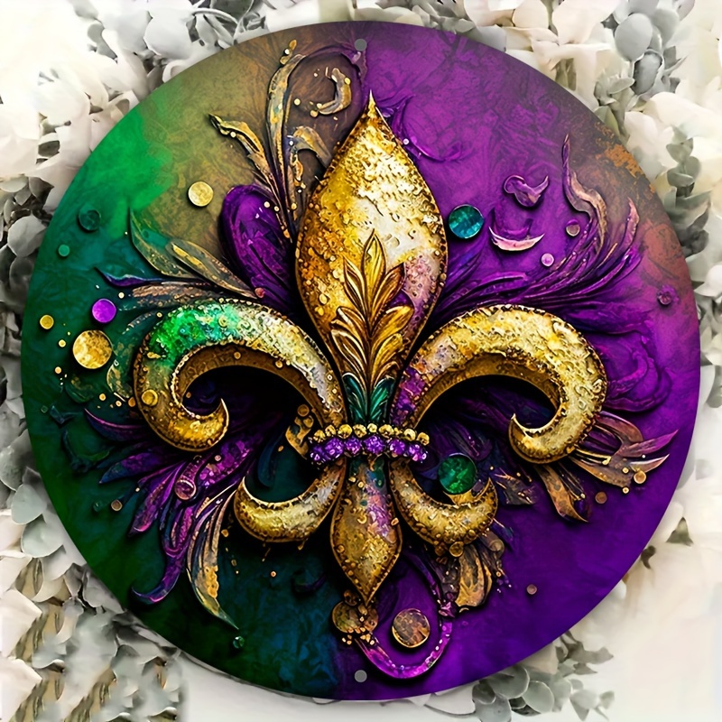 

1pc, 2d Flat Glow Round 8x8inch(20x20cm) Fleur Mardi Gras Wreath Sign - Aluminum, Halloween & Christmas Decor, Ideal For Kitchen, Garden, Office Wall Art, Room Decor