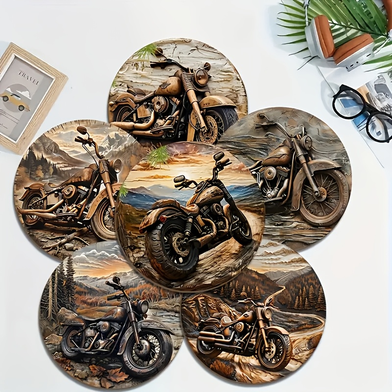 

6-pack Motorcycle Wooden Coasters - Non-slip Heat Resistant Table Mats For Water Bottles - Ideal For Home, Office, Cafe & Gifts, Room Decor, Polyester