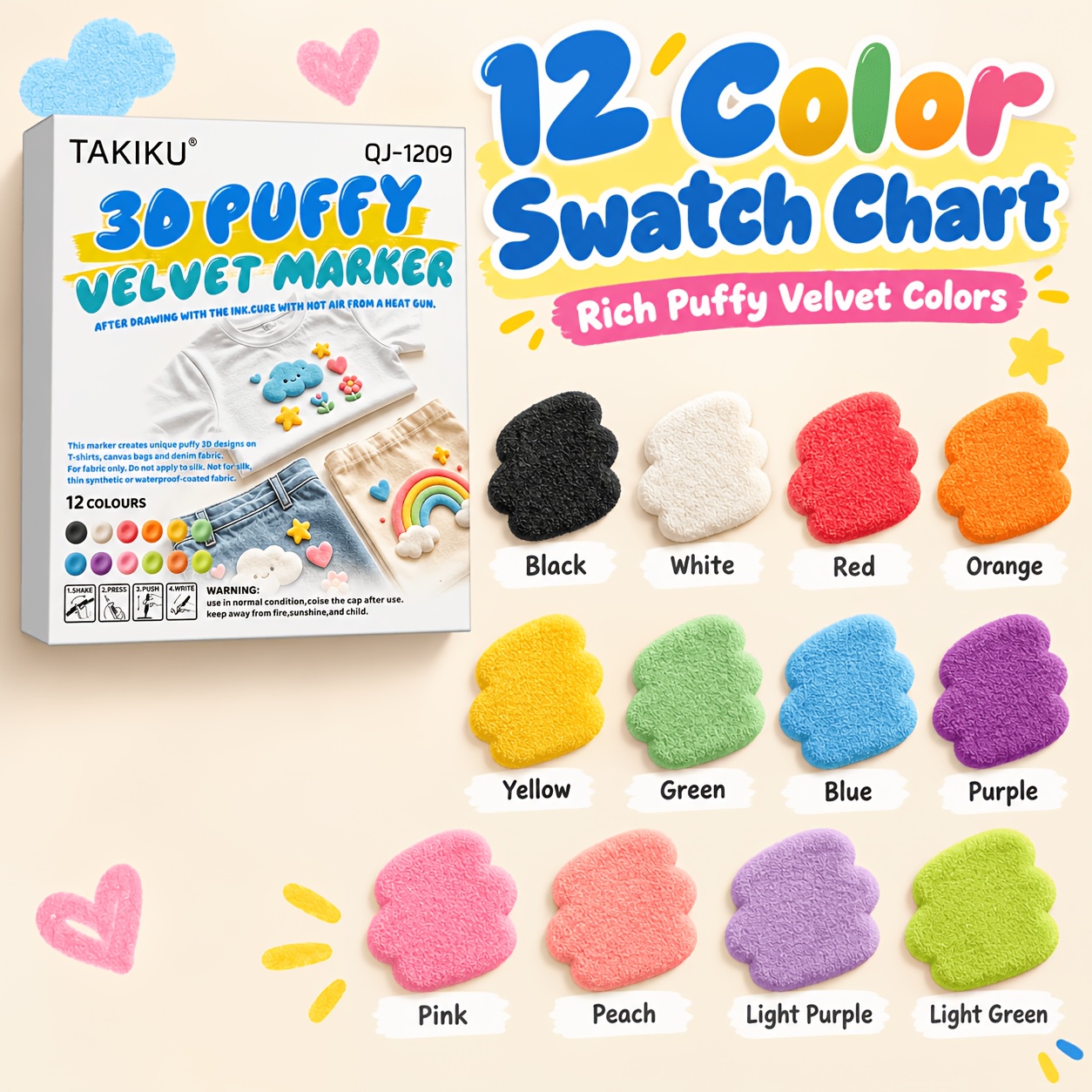 TEMU 12-color 3d Marker Set, Heat-sensitive Expanding Fabric Markers, Christmas Diy Art And Crafts, For Handbags, Shoes, Clothing Doodling, Suitable