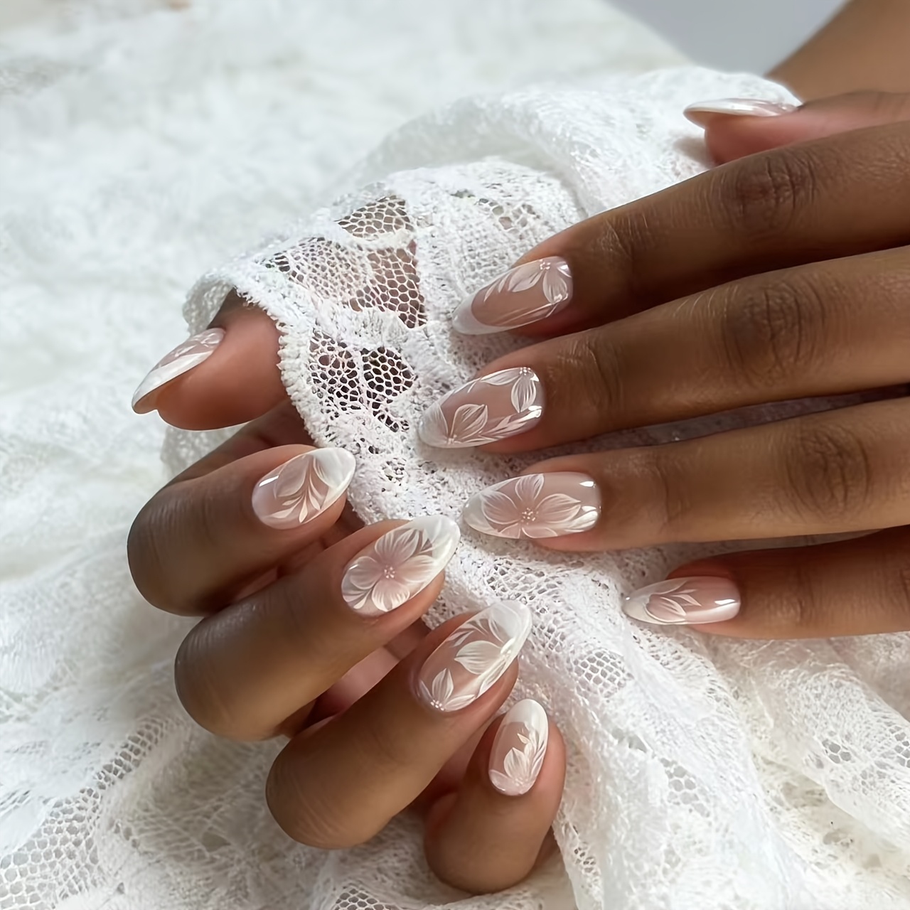 Sheer Nude Base Floral Gentle Style Almond Nail Wearable Nails Removable Nail Art False Nails