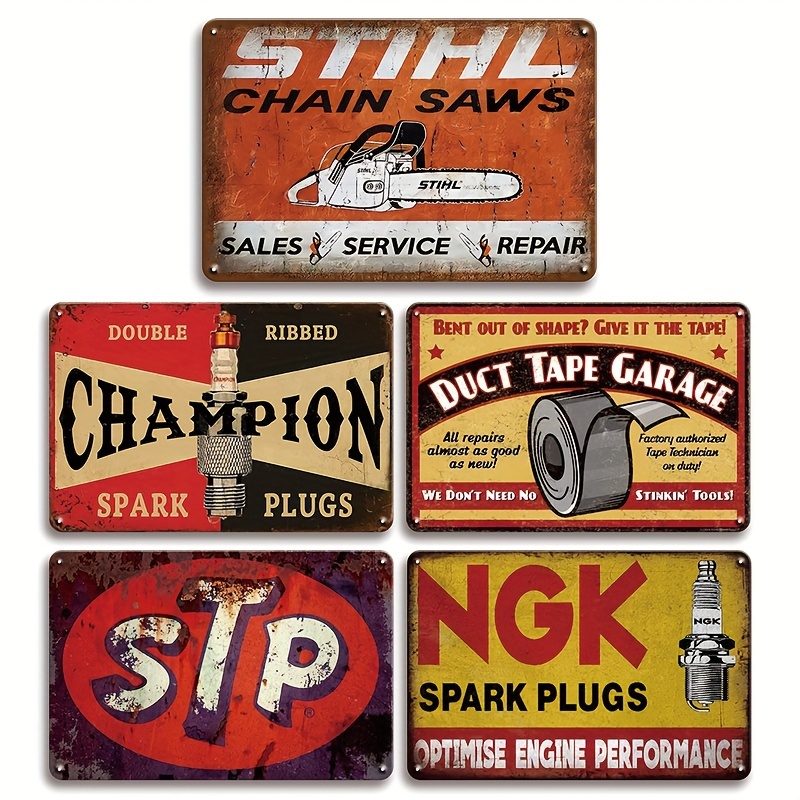 

Vintage Metal Tin Sign Set: Retro Garage & Cave Decor For Men - 5 Pieces, 20.32x30.48 Cm - Ideal For Old Car Shops, Oil Stations & Home Wall Art