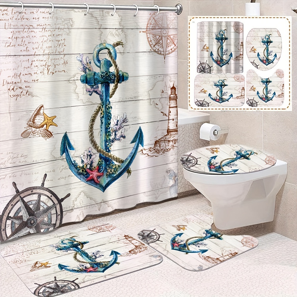 

1/4pcs Nautical Anchor Pattern Shower Curtain Set, Waterproof Shower Curtain With 12 Hooks, U-shaped Mat, Toilet Cover Mat, Bath Mat, Bathroom Accessories, Multifunctional Bathroom Decor