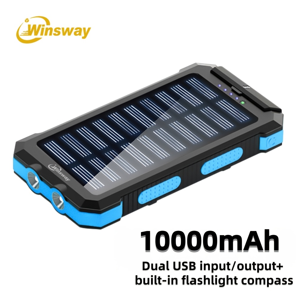 TEMU Winsway 10000mah Portable Solar Panel Charger With 4 Dual Usb Ports And Type-c/micro Usb Input Ports, With A 2.4w Led Flashlight/compass,