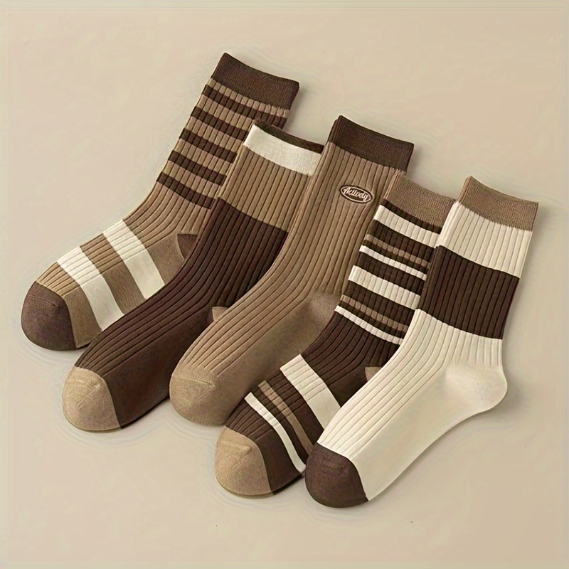 TEMU 5pcs Women's Striped Mid- Socks - Polyester & Spandex , Machine