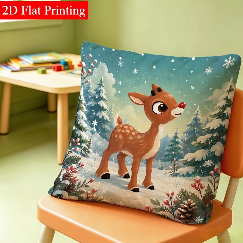 TEMU Housse de coussin décorative sur le thème de Noël, 45X45, imprimée , motif de dans une forêt enneigée, design pour la décoration intérieure,