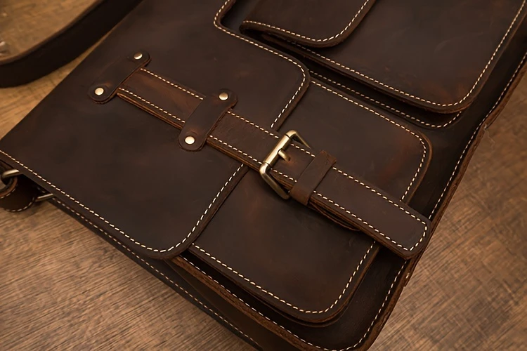 mens vintage style genuine leather messenger bag with adjustable strap casual handcrafted crossbody satchel with multiple pockets scratch repairable daily accessory details 9