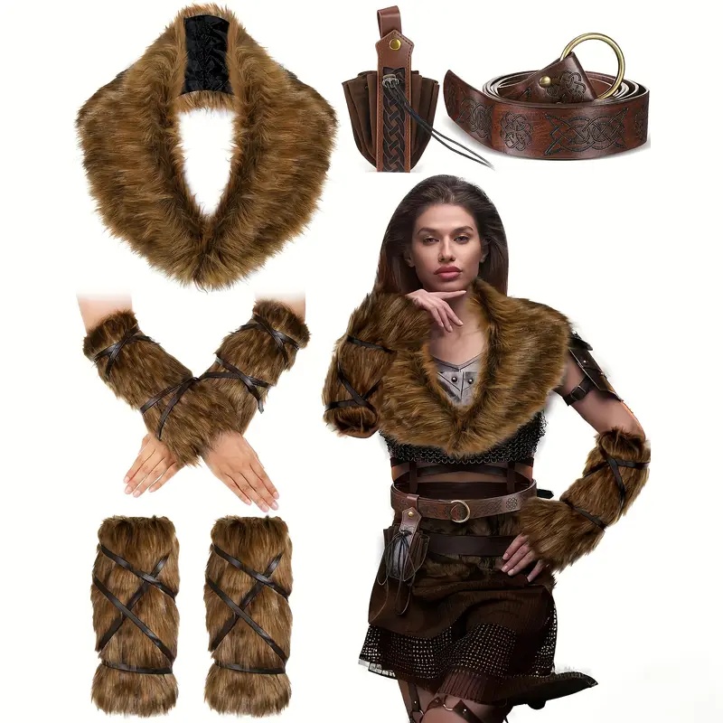 7pcs medieval viking   plush cape with ties wrist warmers leg warmers printed pouch belt for halloween and carnival cosplay