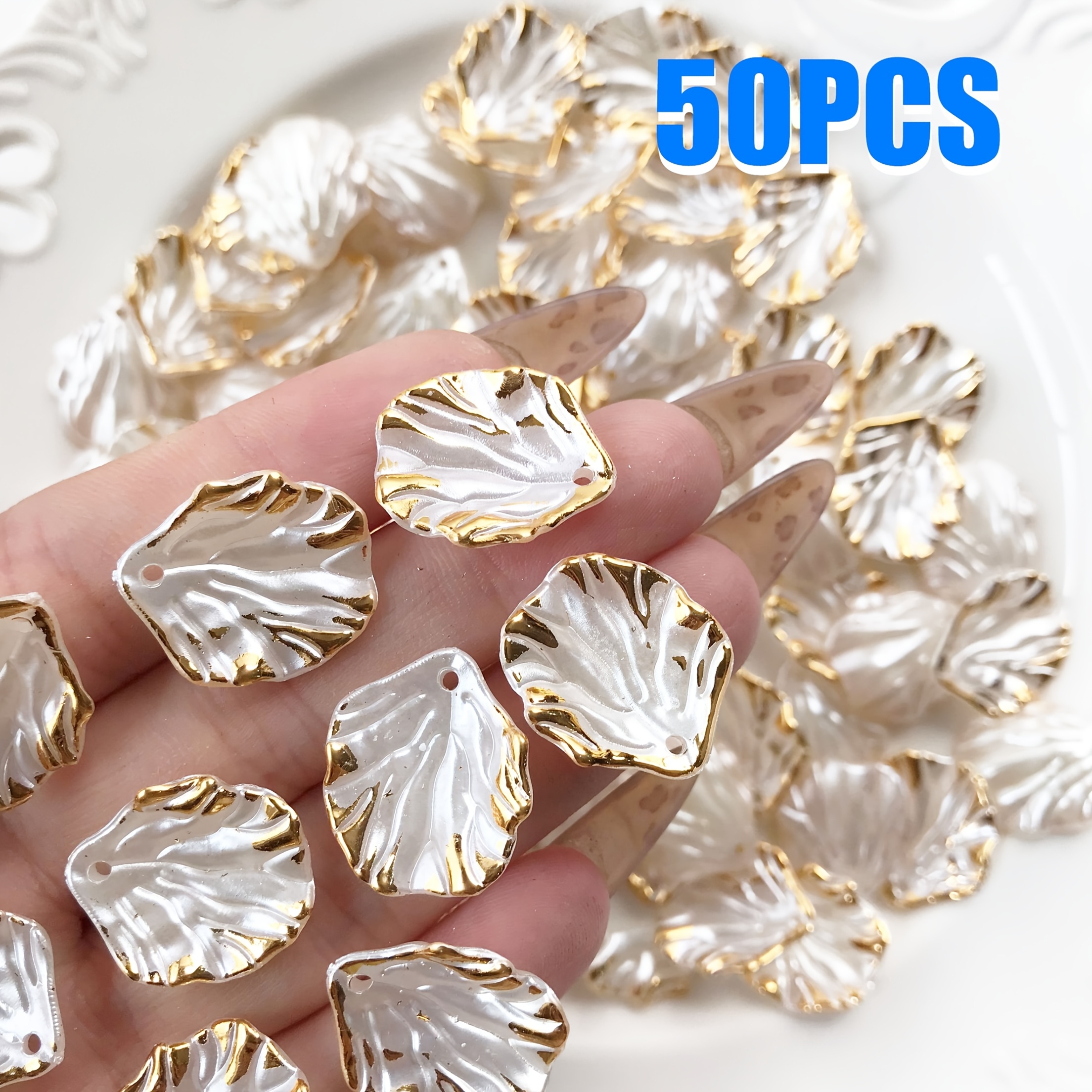 TEMU Cuentas y Surtos de Cuentas 50 piezas Ornamentos Blancos con Bordes Dorados de Hoja, Hojas Exquisitamente Moldeadas con Adornos de Bordes