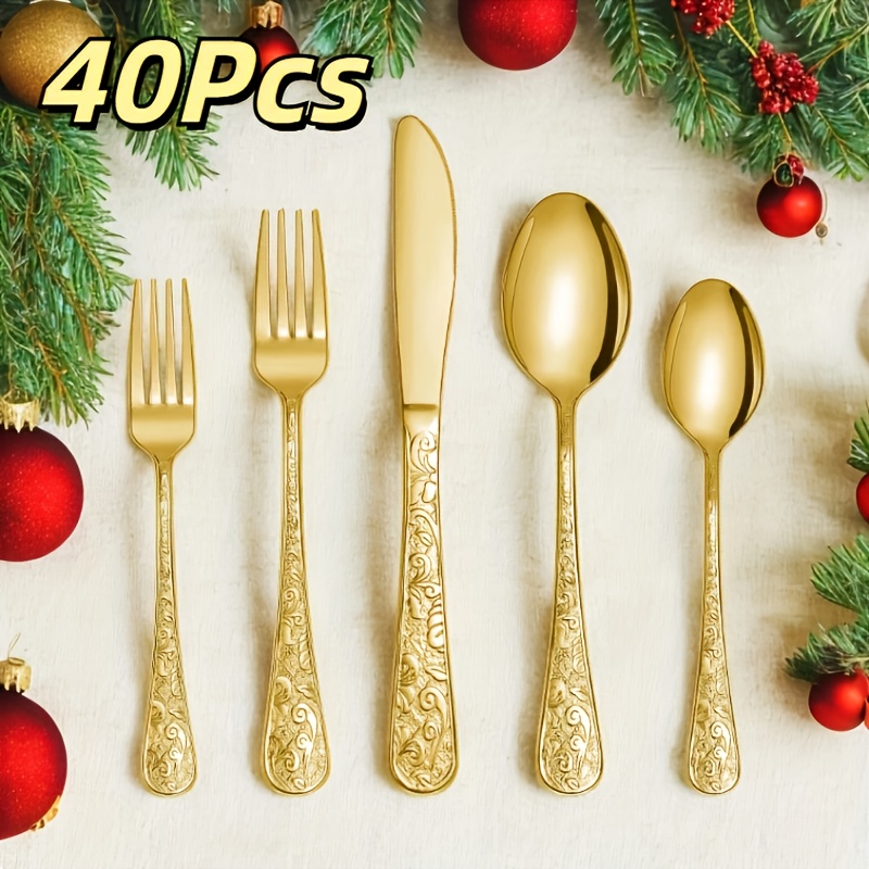 

40-piece Vintage Golden Silverware Set For 8, Stainless Steel Flatware Set With Knife/fork/spoon, Cutlery Set For Home And Kitchen, Utensil Set With Dishwasher Safe