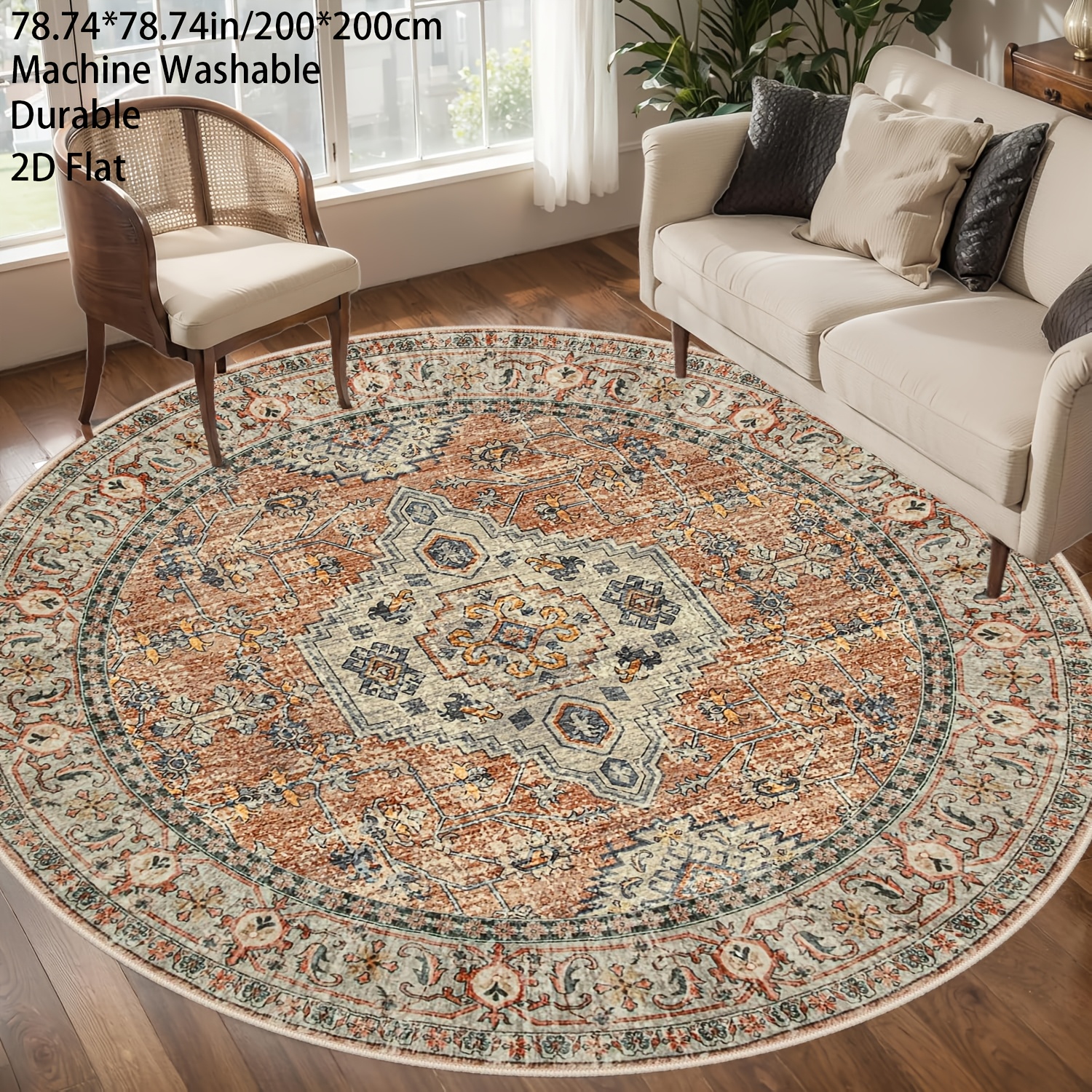 TEMU 1pc Velvet Vintage Persian Round Rug, Terracotta & Beige Medallion Distressed Carpet, Traditional Tribal Boho Style Decor Area Rug For Living