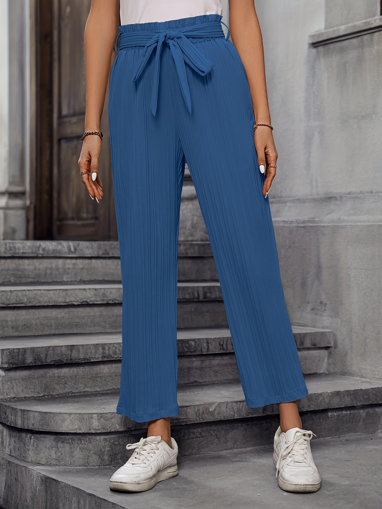 Solid Paper Bag Waist Pants Elegant Belted Straight Leg - Temu