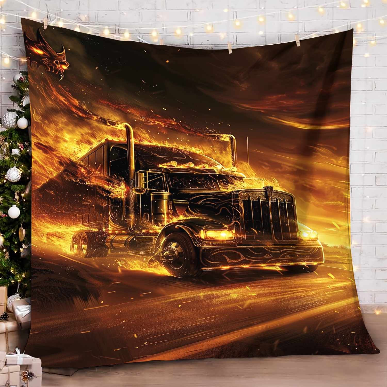 

Fantasy Truck Pattern Soft Fleece Throw Blanket, Scandinavian Style, Knitted Polyester, All-season Cozy Gift For Friends