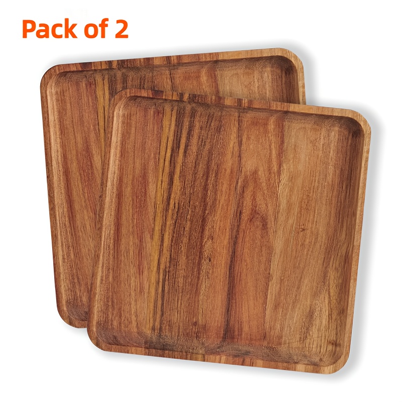 Image of 2 Square Acacia Wood Plates 7.8inch Wooden Dinner Plates Dessert Trays Cookie Sweet Platter