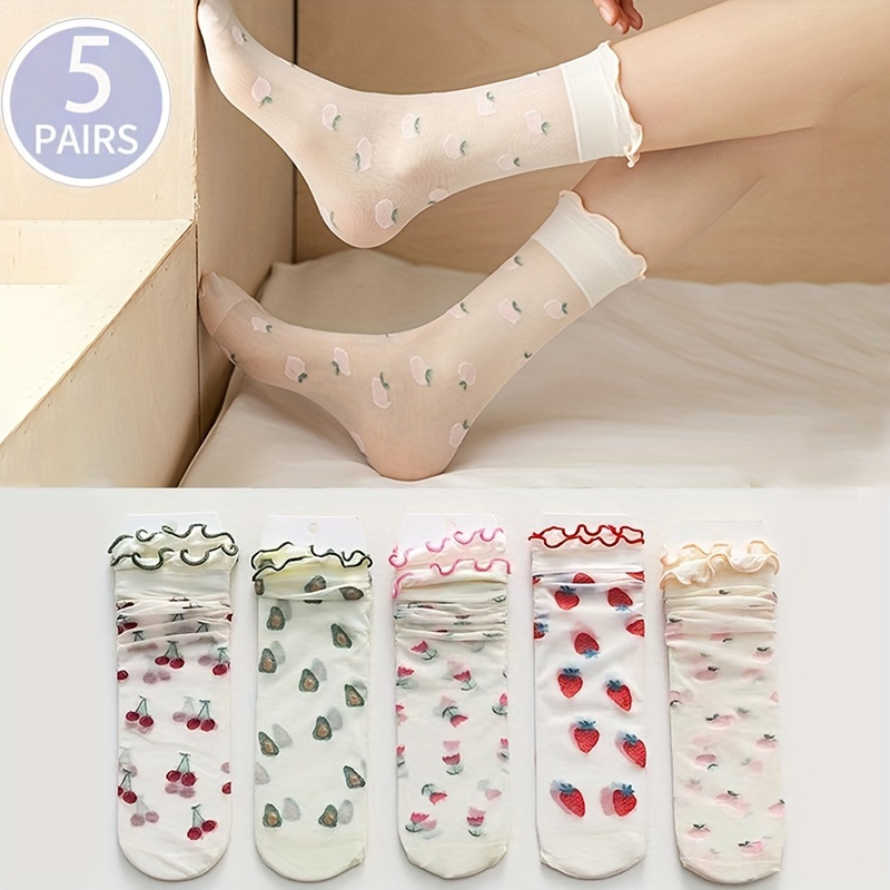 

5 Pairs Cute Fruit Pattern Lace Thin Socks, Comfy & Breathable Mid Tube Socks, Women's Stockings & Hosiery