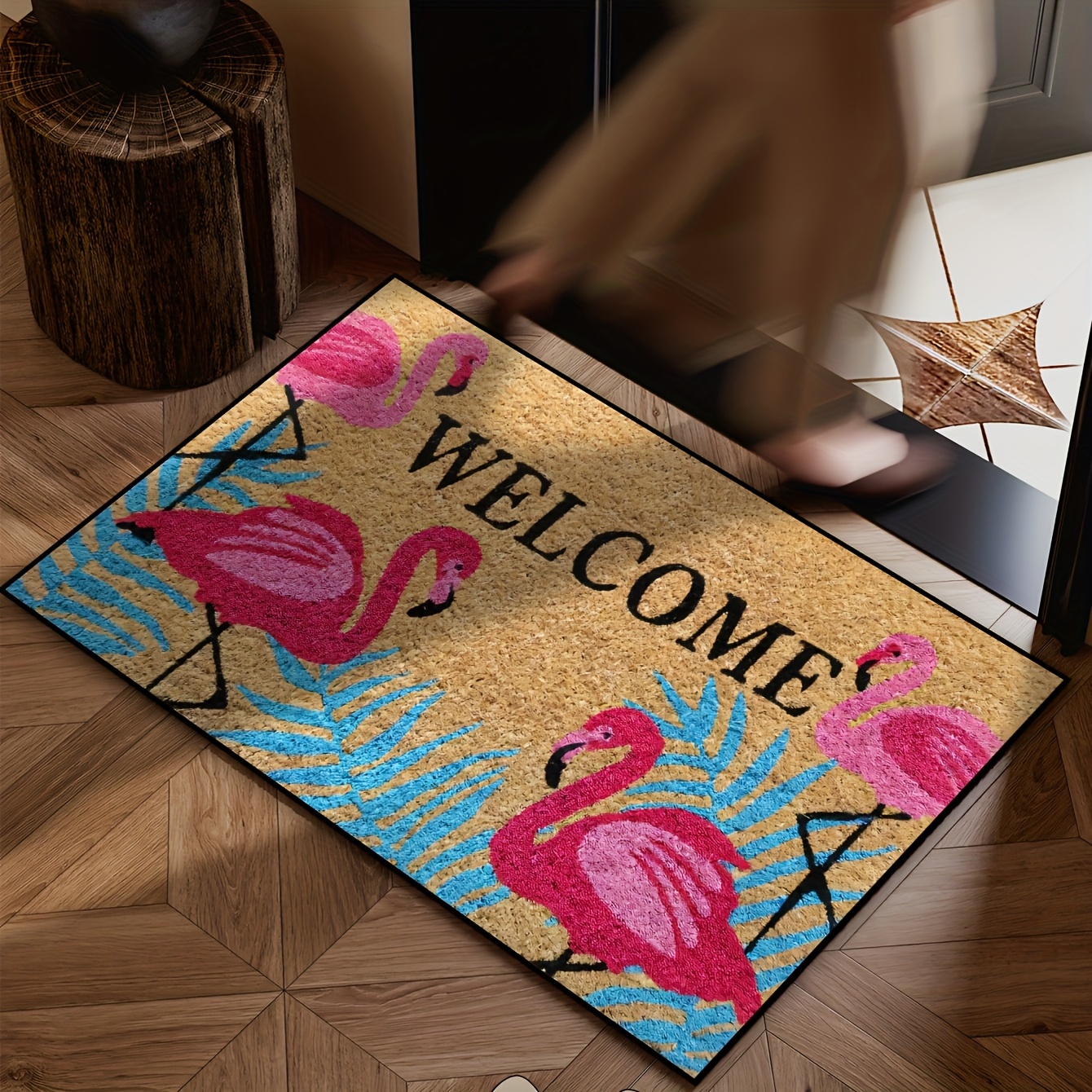 TEMU 1pc, , Summer Vintage Palm Leaf Doormat/rug, Welcome Mat, Flannel/non-slip/washable Outdoor Doormat, Suitable For Indoor And Outdoor Entrances,