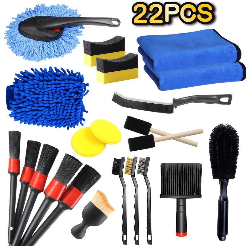 TEMU A 22pcs Car Cleaning Tool Set, Including Cleaning Brushes, Vent Brushes, Chenille Gloves, Black Rim Brushes, Waxing Mitts, Dusting Brushes, And