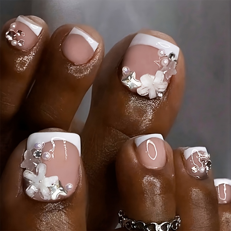 TEMU 24 uñas postizas de corta para mujer - Uñas postizas color nude con flores 3D, mariposas y decoraciones de pedrería, puntas de uñas acrílicas