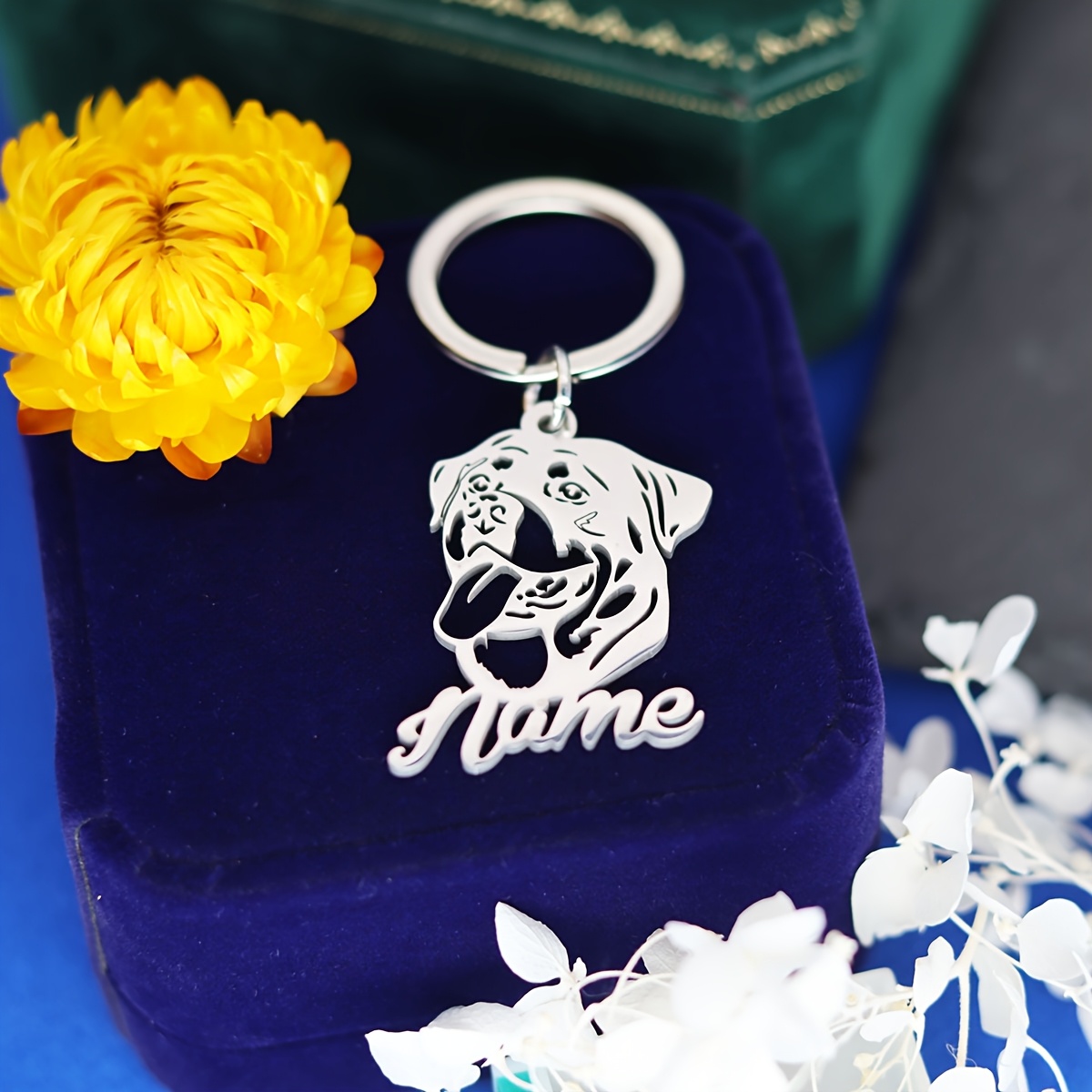 TEMU Personalized Rottweilers Keychain With Engraved Name, Customized Stainless Steel Men's Keyrings, For Pet's Lovers