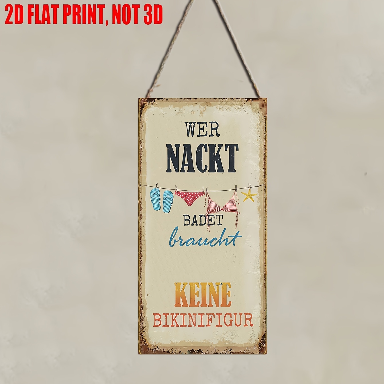 TEMU 2d Flat, 1pc Vintage German Wooden Sign - Humorous " Naked" Beach-themed Wall Decor With Slippers And Starfish , Rustic-style Wooden Hanging