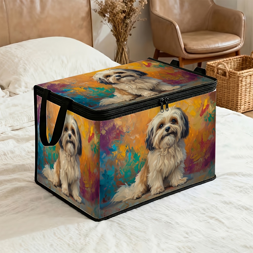 TEMU 1pc Large Capacity Foldable Organizer With Lid, Artistic Animal Portrait-shih Tzu Dog Colorful Cute Reinforced , Storage Bin For Warehouse