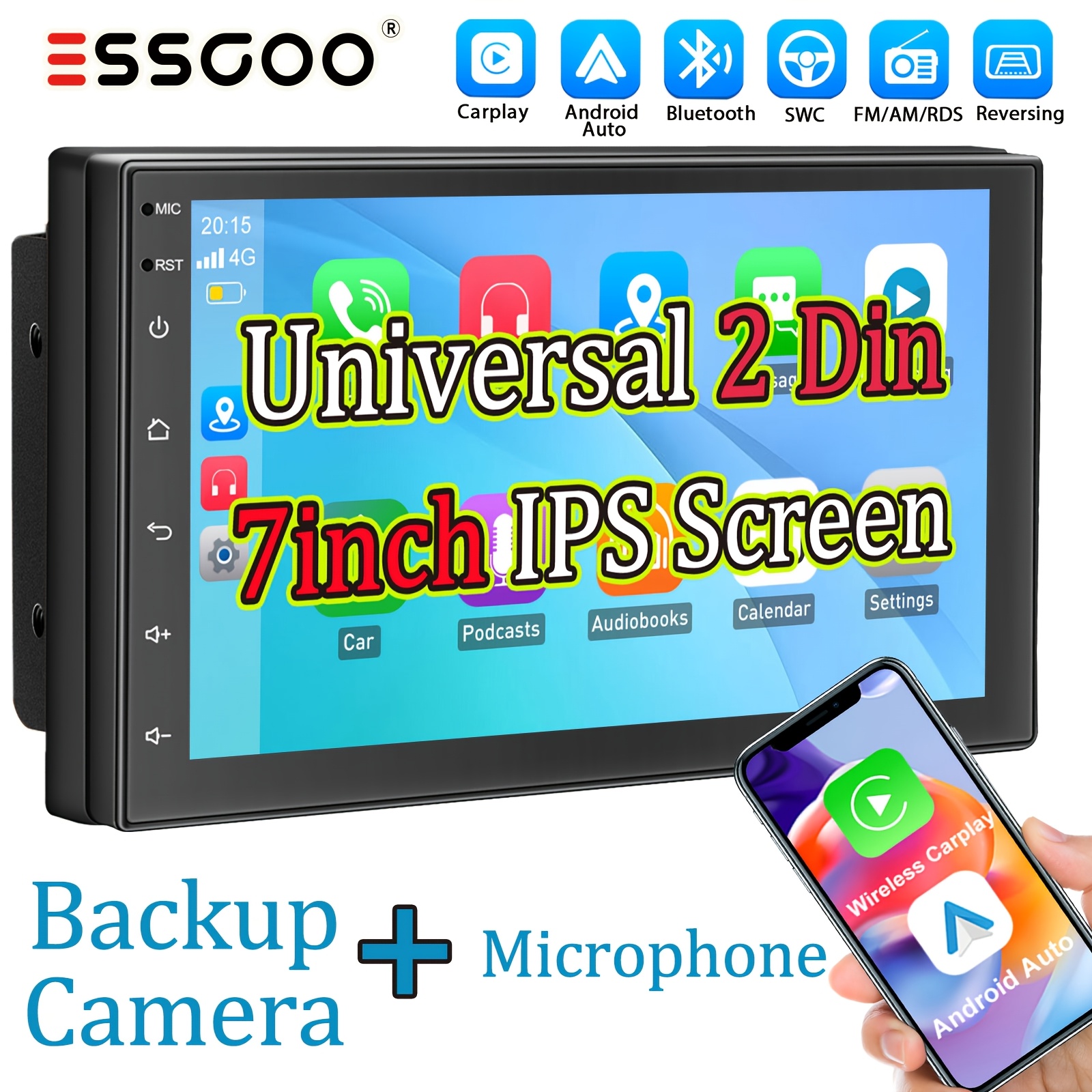 Image of Essgoo 2 Din Car Stereo Compatible For & Auto, 7” Ips Touchscreen With Wireless 5.0, Fm/am Rds Radio, Steering Wheel Control, Backup Camera & Microphone, Input, Wince System For Smartphones/tablets