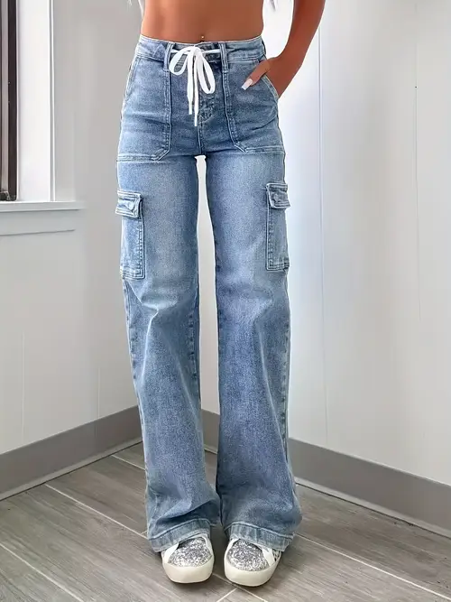 2025 womens leisure straight leg jeans with laces and multiple pockets casual fashion denim fabric sweatpants jeans fit womenswear