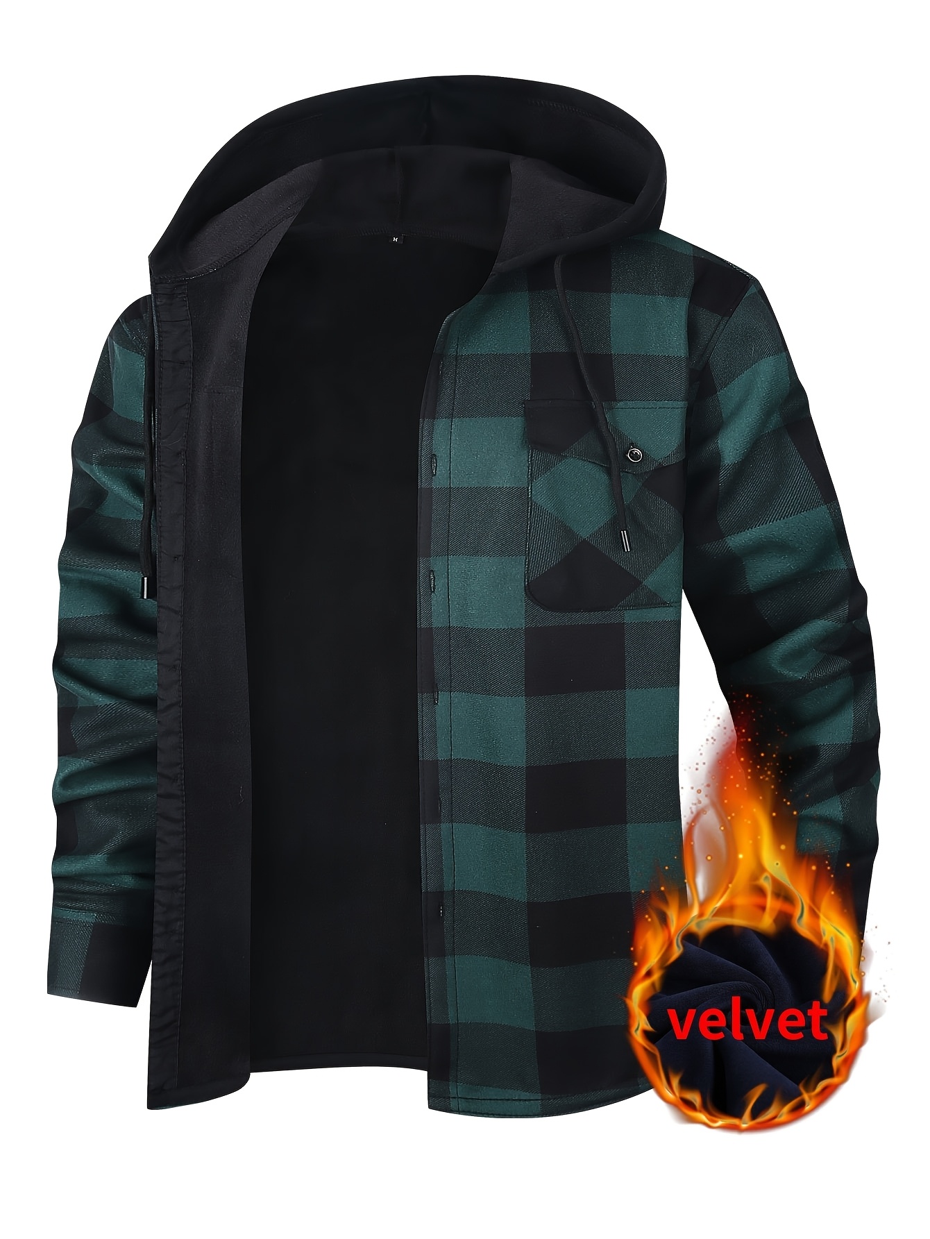 Thermisch werkschort met capuchon voor heren - Heavy-duty fleece gevoerde winterjas met ruitpatroon, volledige ritssluiting aan de voorkant, lange mouwen