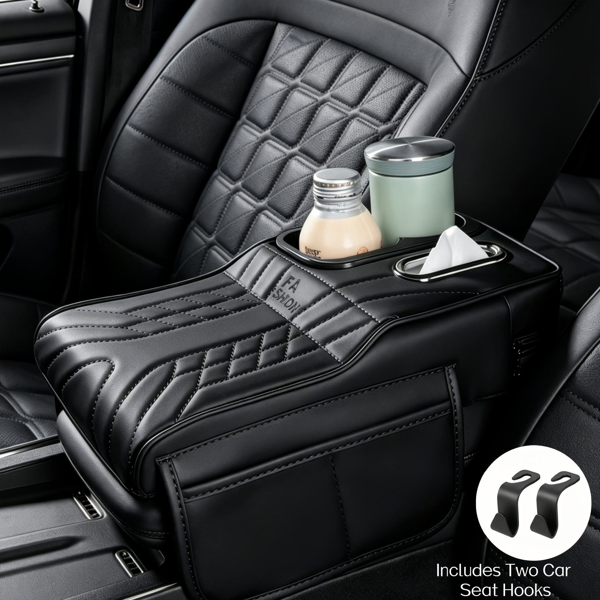 TEMU Simple And Comfortable Car Armrest Central Armrest Box Cover With 2 Side Pockets, Car Armrest Support Storage Box With Cup Holders And Tissue