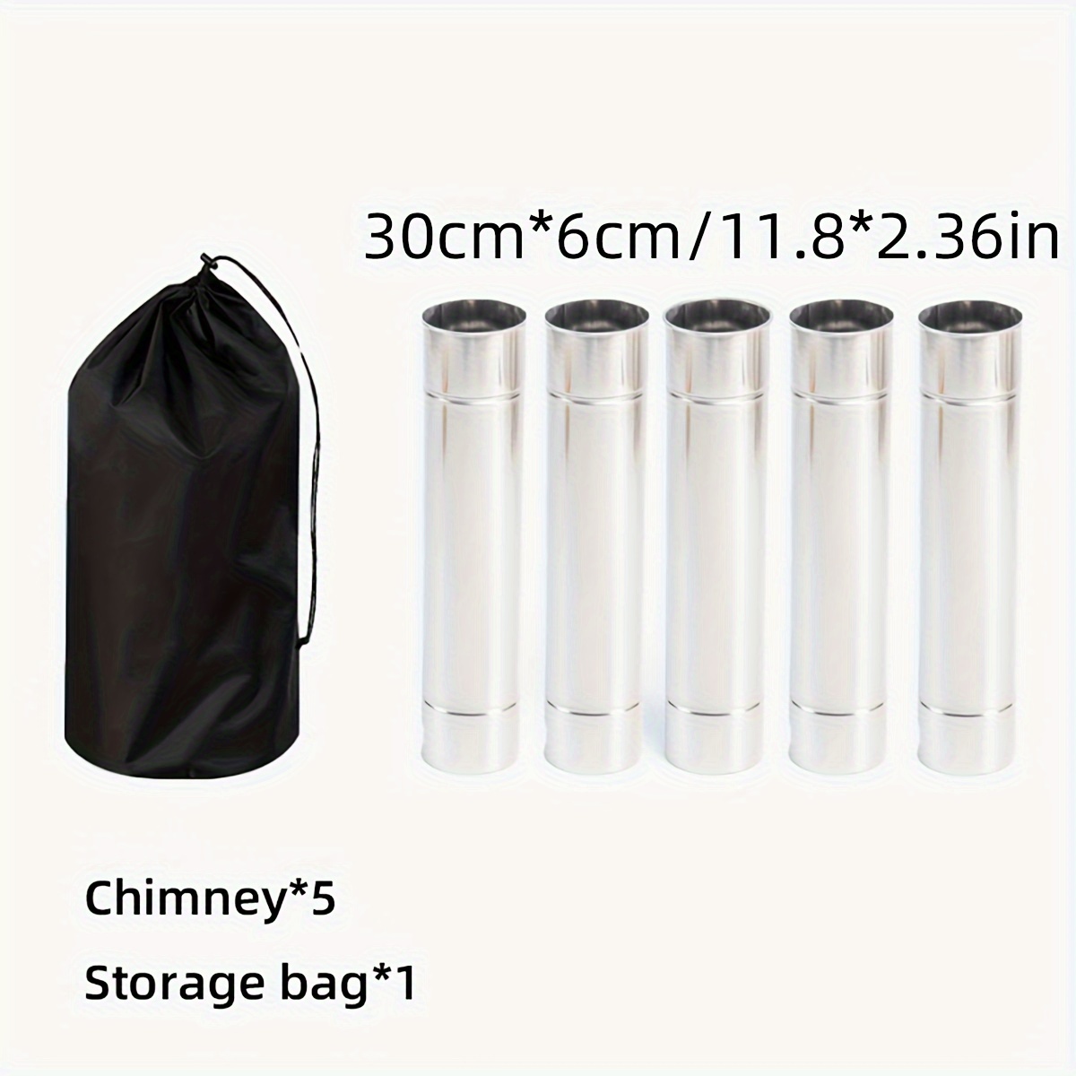 TEMU Universal Stainless Steel Chimney Set, 5-section Extended Height, Drafting, With Storage Bag, For Camping Stoves, Compatible With , For