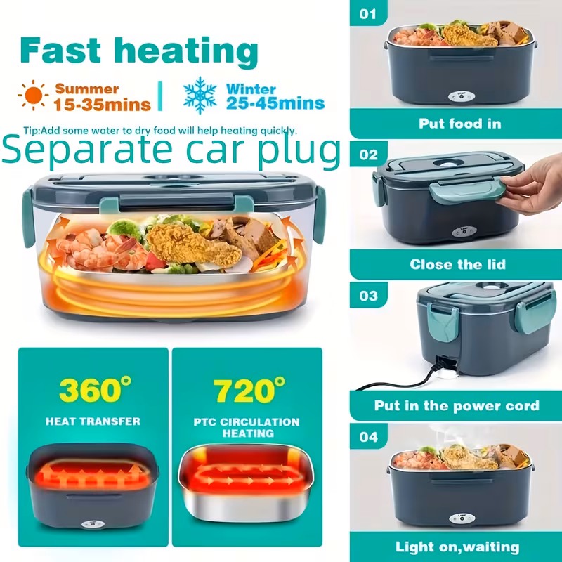 portable insulated heating student lunch box hot food waterless heating 50 72oz stainless steel container soup pot fruit box leak proof stainless steel container with car plug 12v 24v suitable for cars and trucks spoon details 3