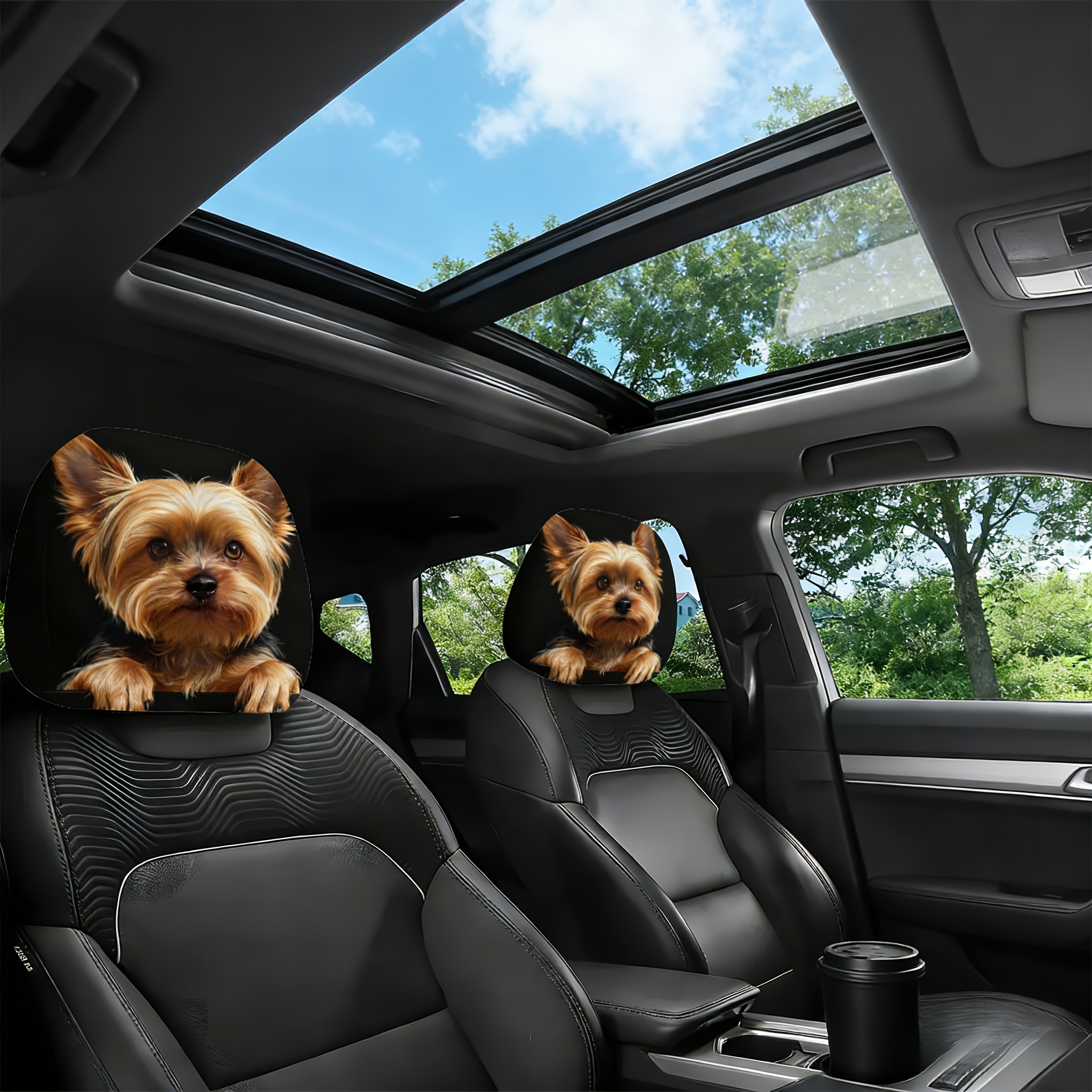 TEMU 2pcs Yorkshire Terrier Print Car Headrest Covers, Trendy And Fun Car Headrest Covers, And Wash. Suitable For Self-driving Trips, Long-distance