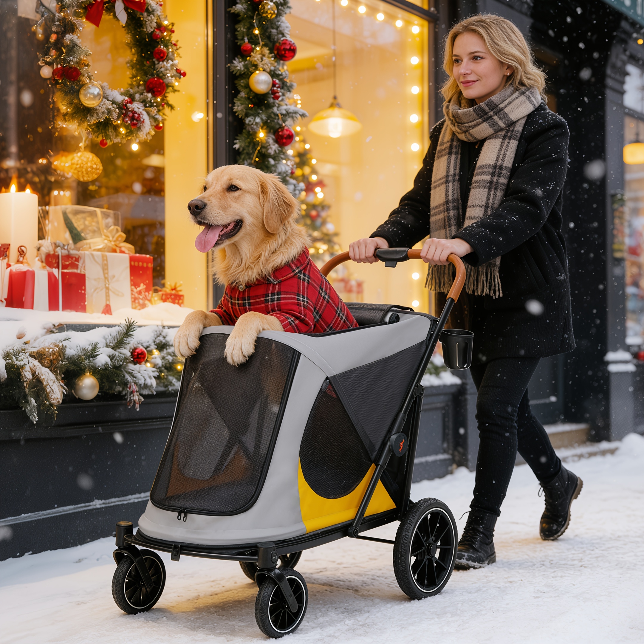 Large Dog Stroller with 4 Wheels: Foldable Pet Stroller for Medium Large Dogs Up to 42Kg, Dual Entry Pet Stroller with Mesh Windows, Storage Pocket, Cup Holder And Brake System, 86X65.5X102 Cm - Image 5