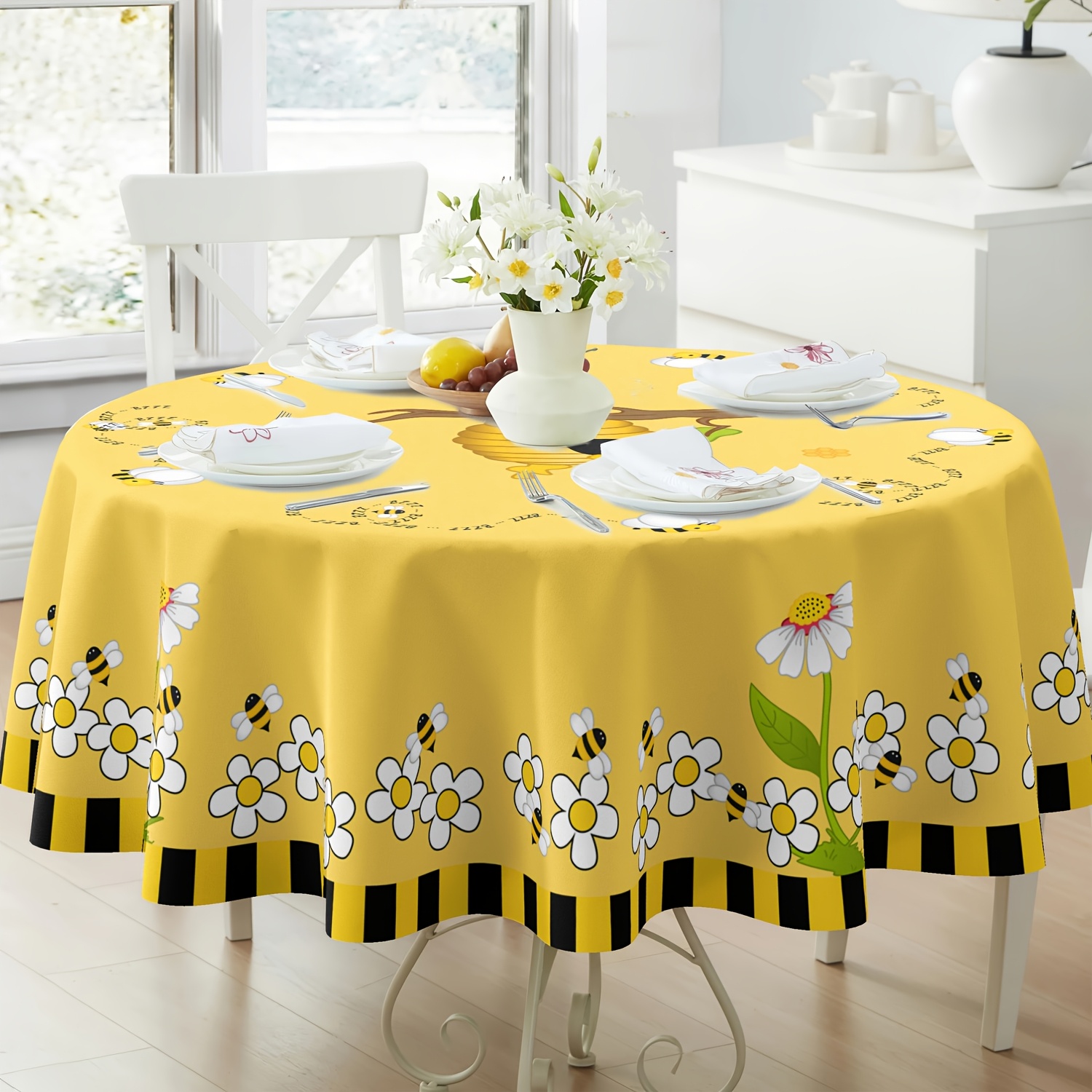 TEMU 1pc Yellow Sunflower & Daisy Tablecloth With – Rustic Polyester Farmhouse Kitchen Decor, Parties, Home & Festive Gatherings, Festive Dining
