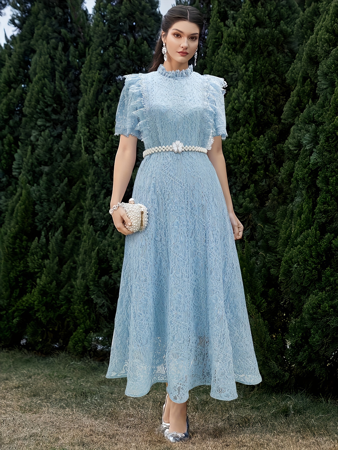solid lace half sleeve maxi a line dress elegant color collar long women short And now you can Text10 CELEBRITY DRESS UP GAMES Size:Plus Size