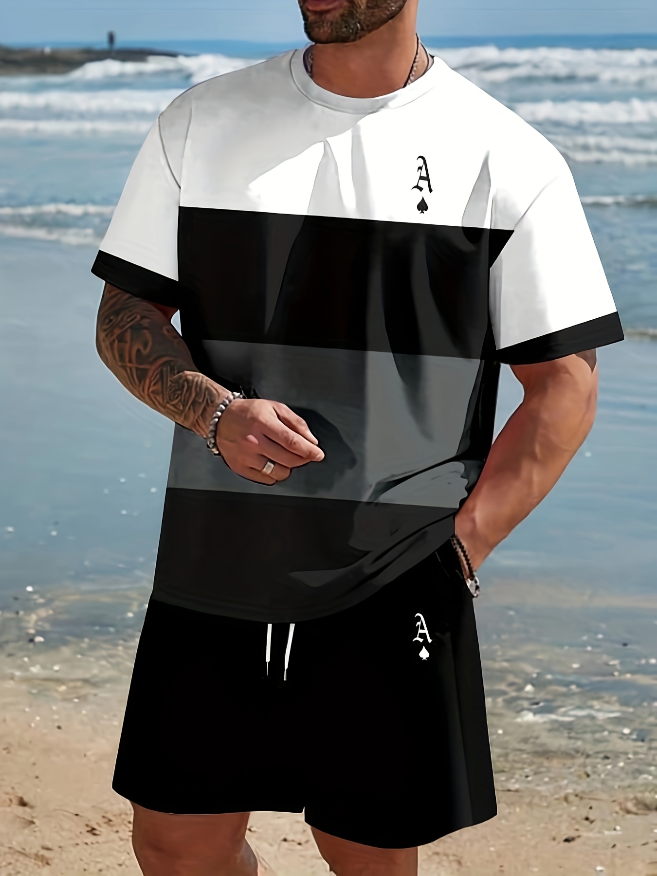 mens trendy round neck short sleeve shorts set 3      letter high definition pattern summer comfortable  