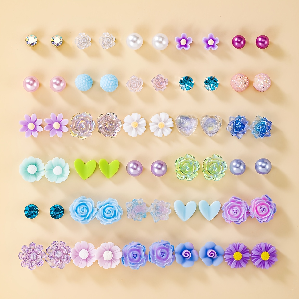 E-shop 1 Set mit 30 Paar modische, frische, elegante, süße, farbenfrohe Blumen Herzförmige Damen Ohrstecker Set, einfaches Urlaubsgeschenk,