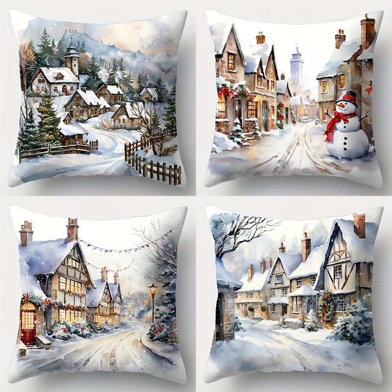 

4-pack Winter Street Snow Scene Cushion Covers, 17.7x17.7 Inches, Contemporary Style, Christmas Decor, Polyester Pillowcases, Zipper Closure, Hand Wash Only, Sofa Throw Pillow Covers, Home Decor