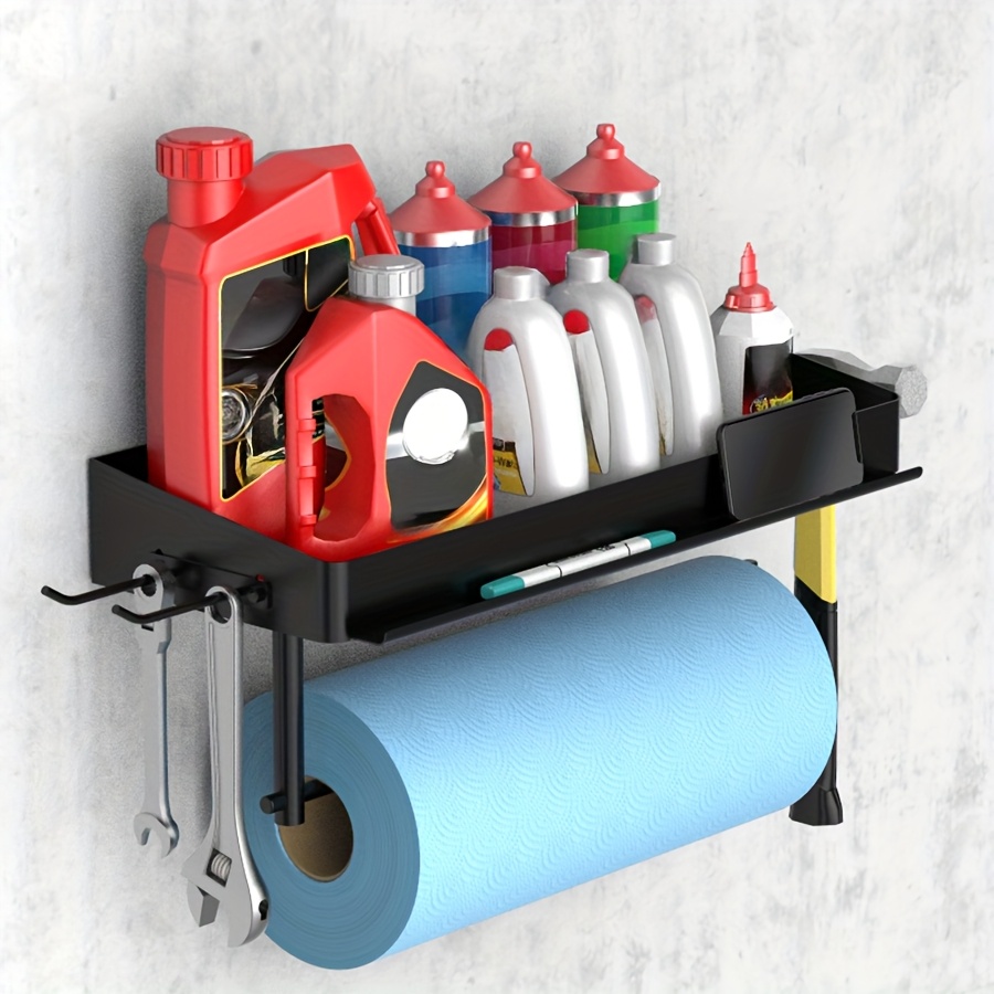 1pc Garage Storage Rack with Paper Towel Holder, Wall-mounted Storage Rack with 4 Hooks, Suitable for Cleaning Workbench, Craft Room