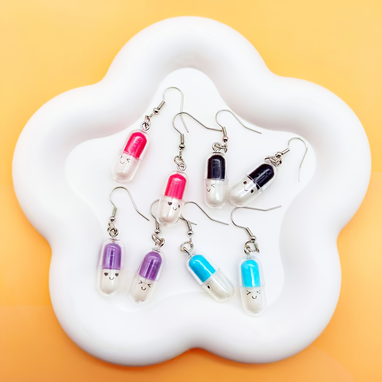 

4 Pairs Cute Capsule Earrings Set, Assorted Funny , Acrylic Plastic Drop Dangle With Iron Ear Needle, No Plating, Party & Jewelry For Women