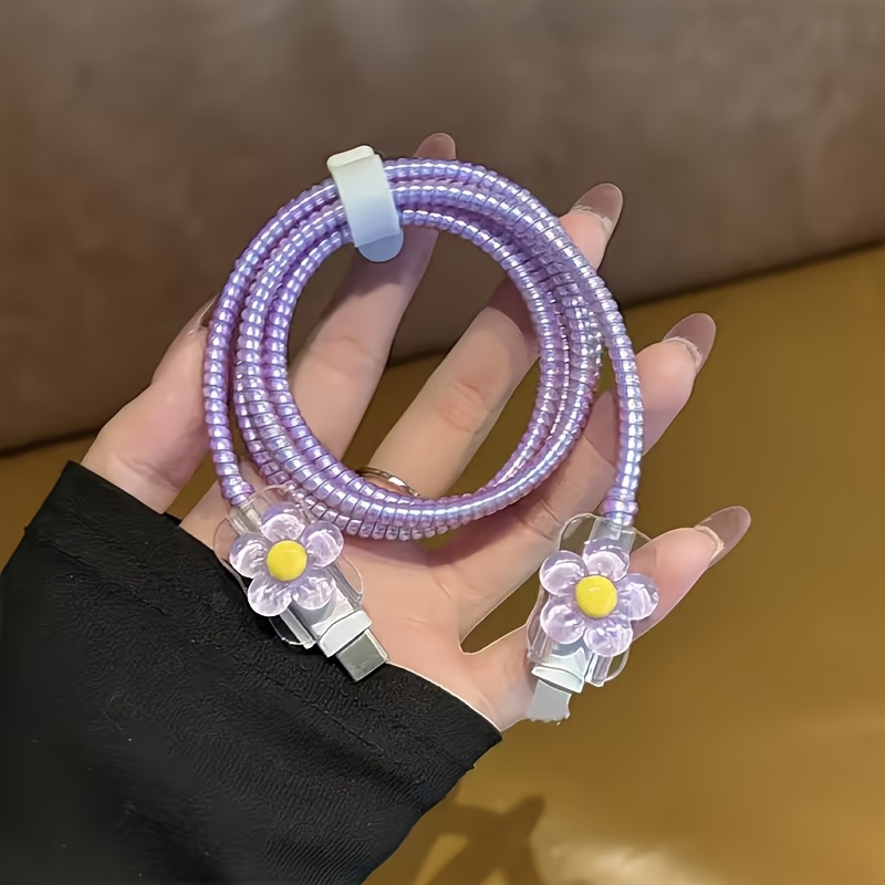 TEMU Juego de 4 protectores de cable de plástico con diseño de flores para conectores tipo C e iPhone, compatibles con cables para iPhone y tipo C
