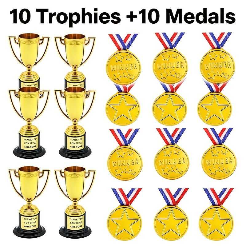 TEMU 20pcs Mini Trophy And Medal Set, 10 Trophies + 10 Medals, Golden Trophies, Golden Medals. Plastic Trophies, Excellent Gift Idea. Suitable For