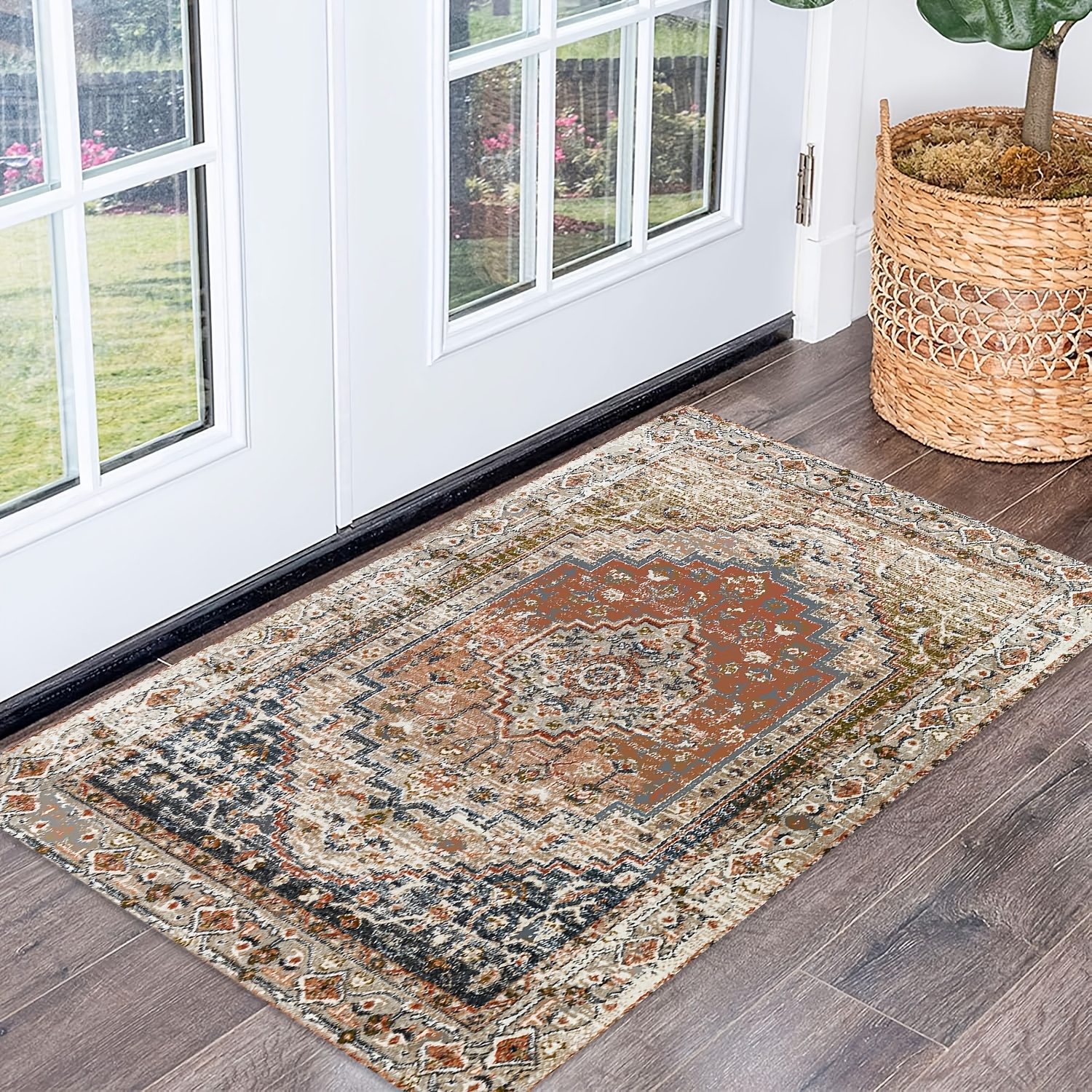 TEMU 1pc Vintage Bohemian Style Mat, Traditional Floral Pattern Entrance Rug, Non-slip Washable Persian Decorative Carpet, Small Mat For Small