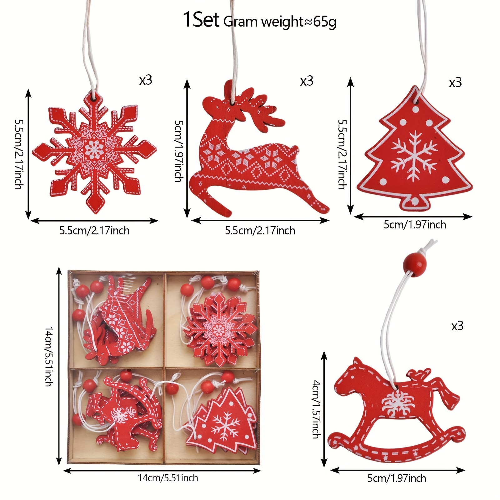 Image of 12pcs Christmas Wooden Ornaments Set - Snowflakes, Reindeer & Tree Shapes - Classic Mini Festive Decor For Holiday Trees And Wreaths, Christmas Tree, Indoor Decor