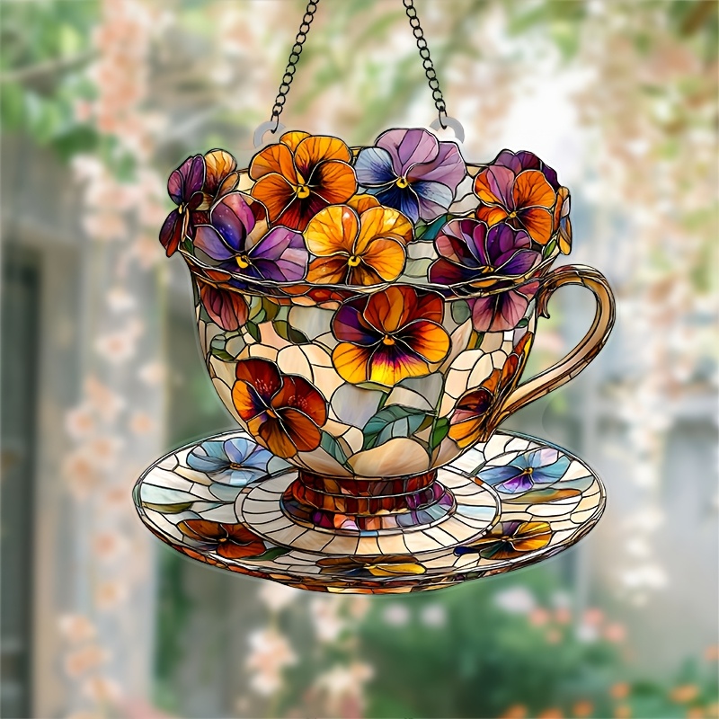 

1pc Teacup & Flowers Suncatcher, 8"x7.6" Acrylic Garden Window Hanging, Floral Decor For Home, Living Room, Bedroom, Kitchen, Birthday Gift For Flower Lovers