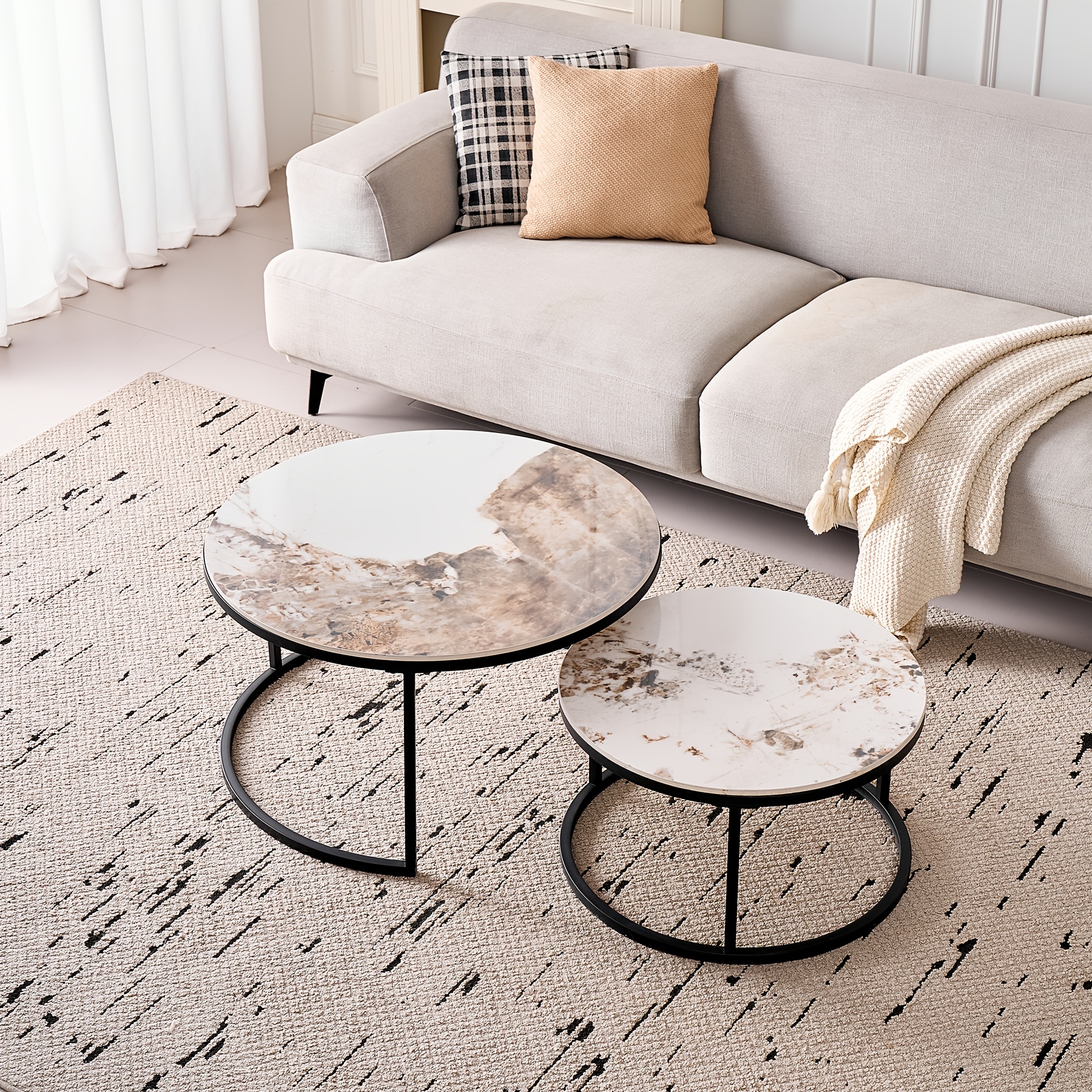 Image of Egoonm Set Of 2 Nesting Coffee Table With Porcelain Slab Tabletop (not Mdf), Industrial End Table Side Tables For Living Room, Bedroom, Balcony, Office, 80*80*45cm+60*60*35cm