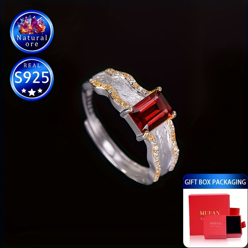 Gift Boxed Gemstone Ring S925 Silver Red Garnet Adjustable Opening Vintage